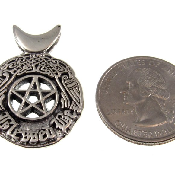 Solid 925 Sterling Silver Blessed Be the Star Crescent Moon Pentacle Pendant - Picture 2 of 5